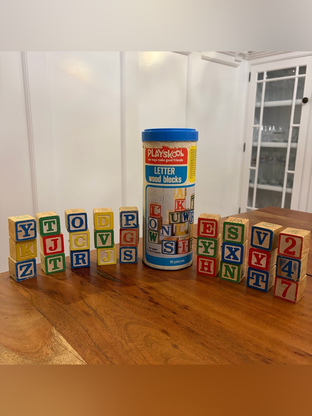 Vintage 1976 Playskool Wooden Alphabet LETTER Blocks Set #226 Canister Lot of 27
